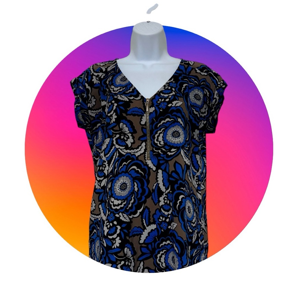 Satin Printed Short Sleeve Zip Up Blouse
